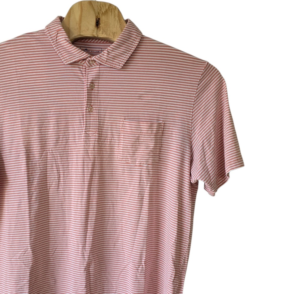 Peter Millar Mens XL Pink White Striped Short Sleeve Cotton Stretch Polo Shirt
